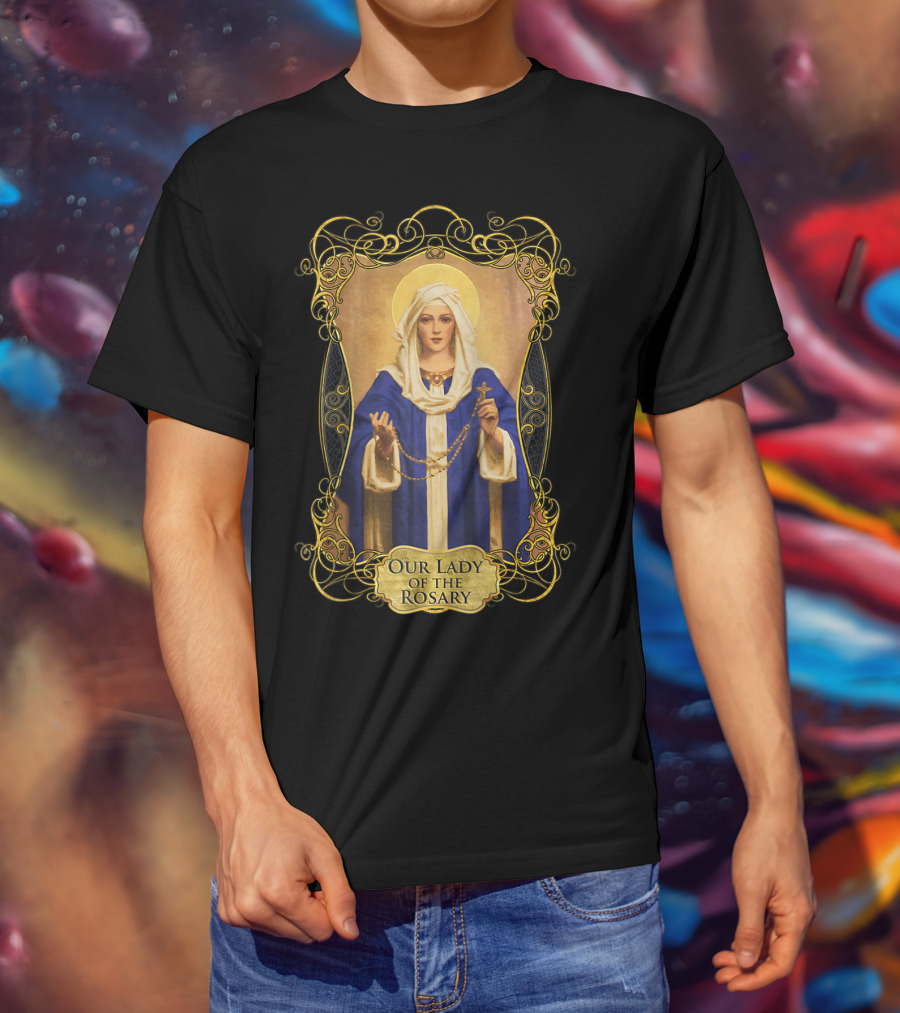 Our Lady Of The Rosary Catholic Prayer Blessed Virgin Mary Icon With Rosary Beads And Cross T-Shirt