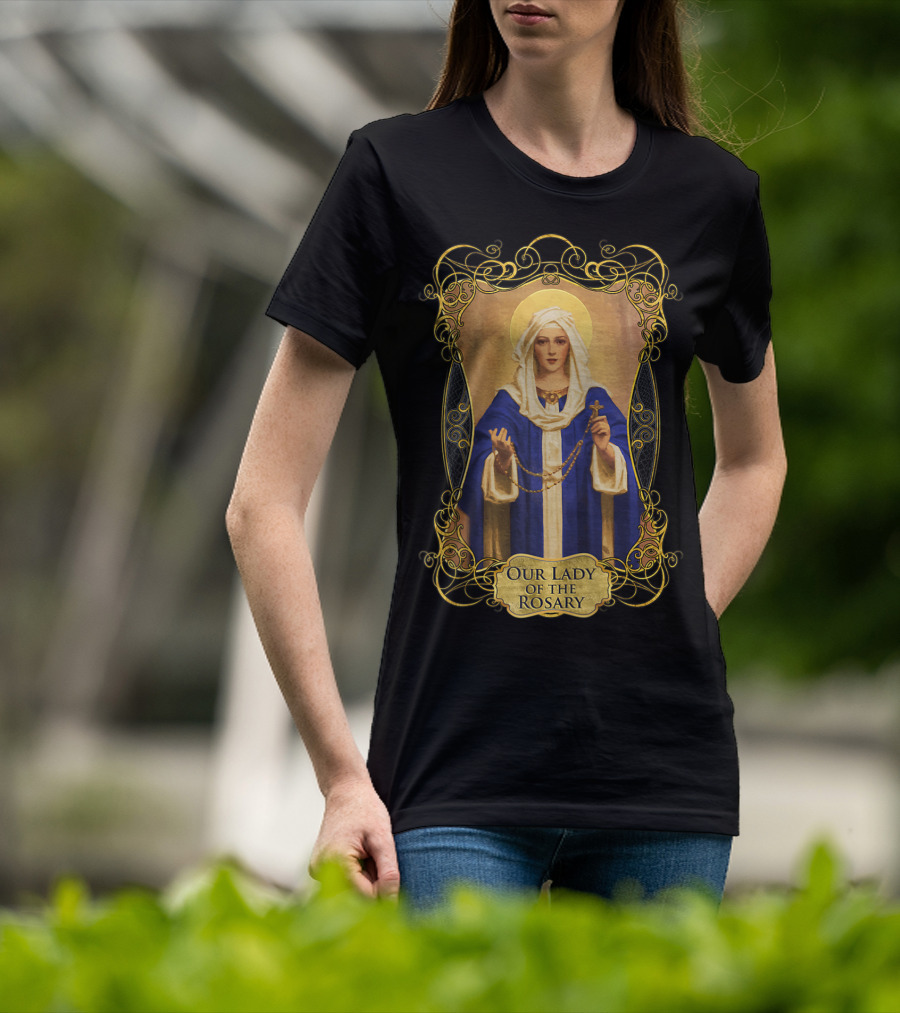 Our Lady Of The Rosary Catholic Prayer Blessed Virgin Mary Icon With Rosary Beads And Cross T-Shirt