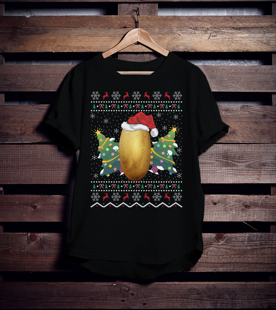 Potato Lover Christmas Ugly Sweater Santa Hat Reindeer Snowflakes Christmas Tree T-Shirt