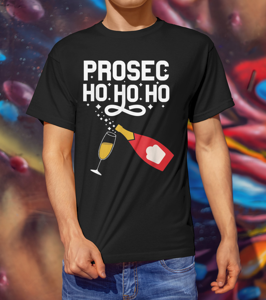 Prosecco Ho Ho Ho Funny Christmas Wine Bottle And Glass T-Shirt