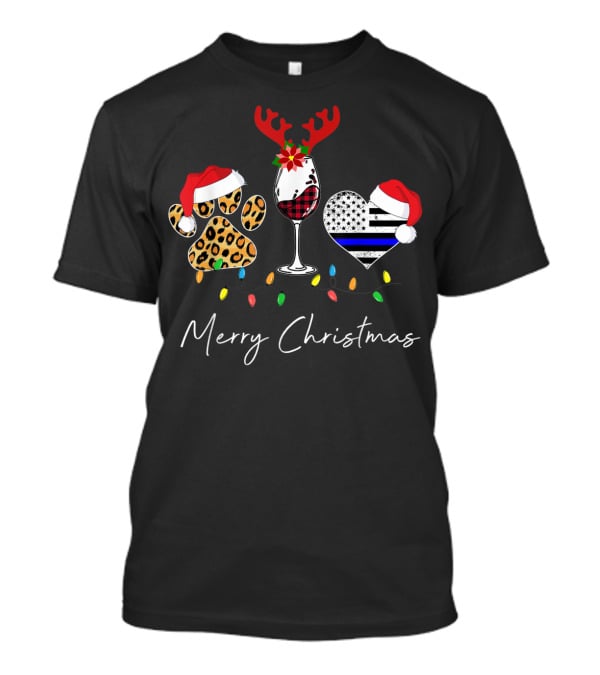 Red Plaid Wine Glass Leopard Dog Paw Blue Line Heart Merry Christmas T-Shirt