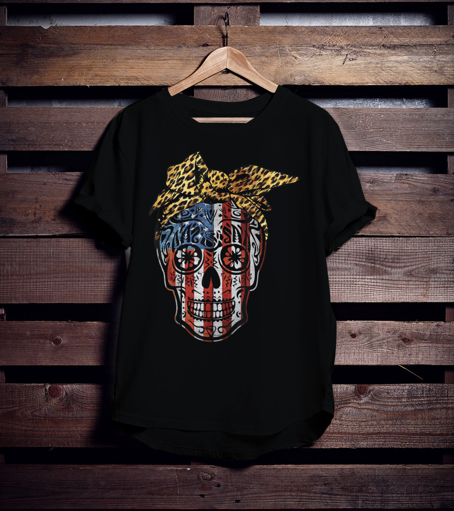 American Sugar Skull With Patriotic Stripes And Leopard Print Bow Fourth Of July T-Shirt