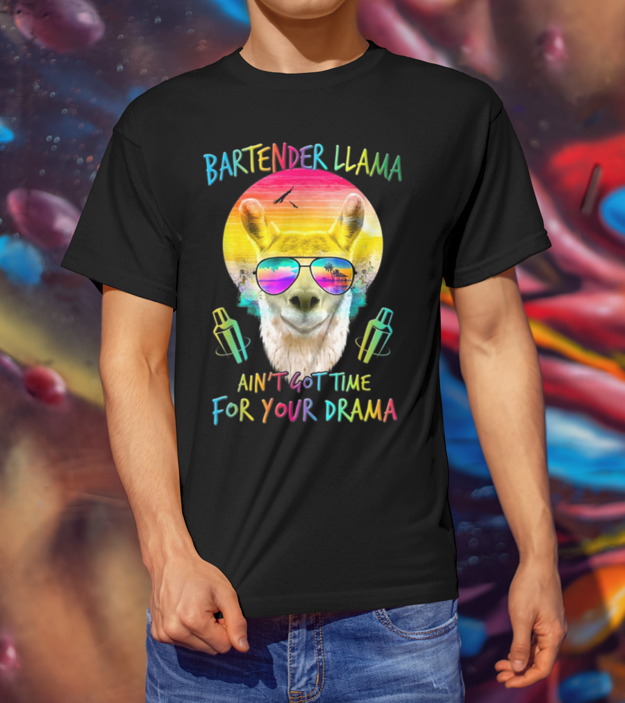 Bartender Llama Ain't Got Time For Your Drama Retro Sunset Vibes T-Shirt