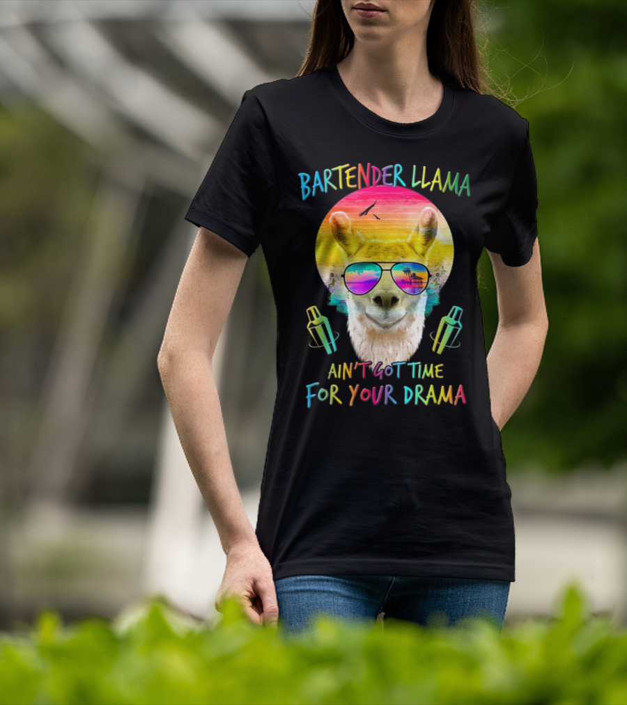 Bartender Llama Ain't Got Time For Your Drama Retro Sunset Vibes T-Shirt