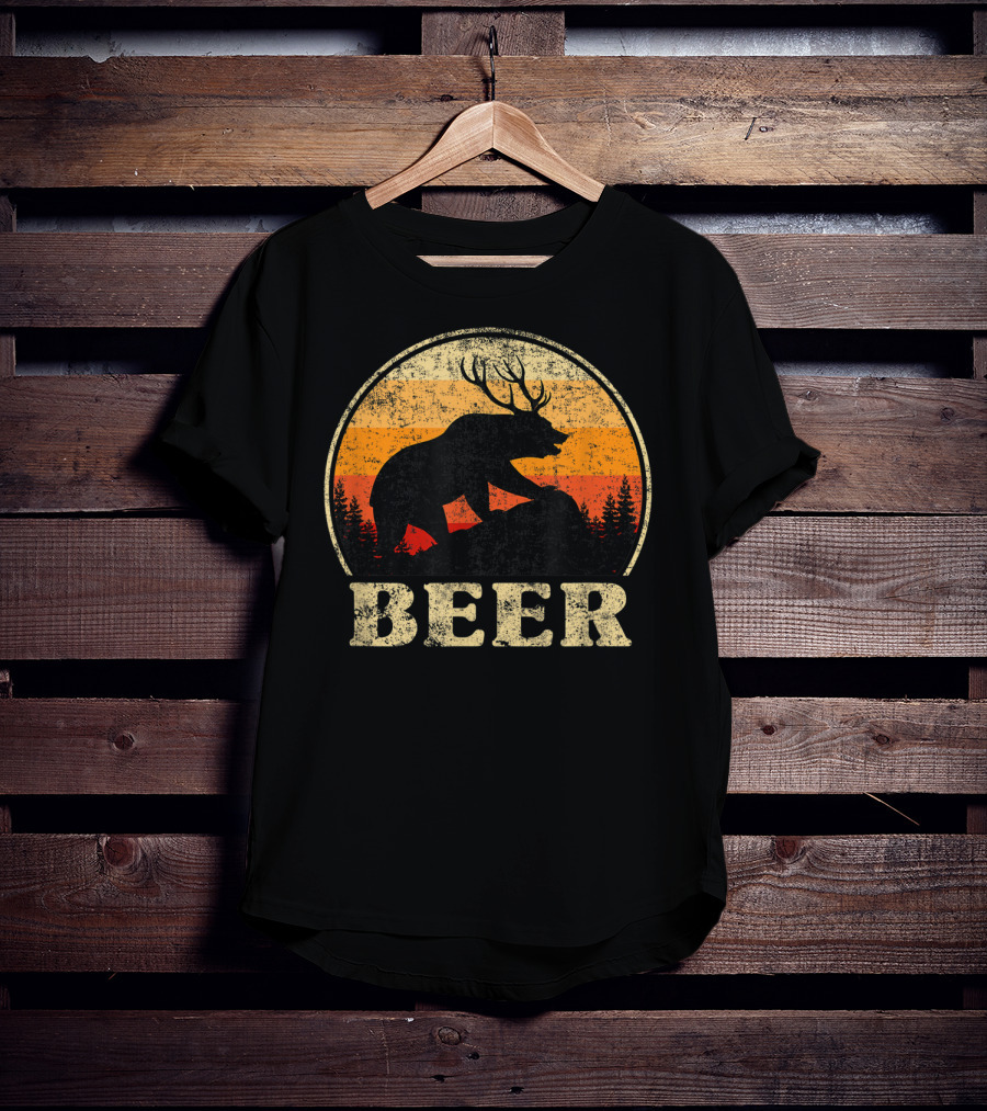 Bear Deer Beer Retro Vintage Silhouette Forest Sunset T-Shirt