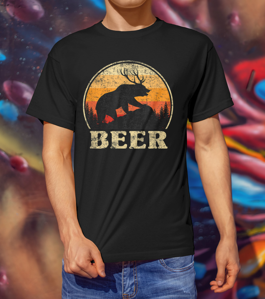 Bear Deer Beer Retro Vintage Silhouette Forest Sunset T-Shirt