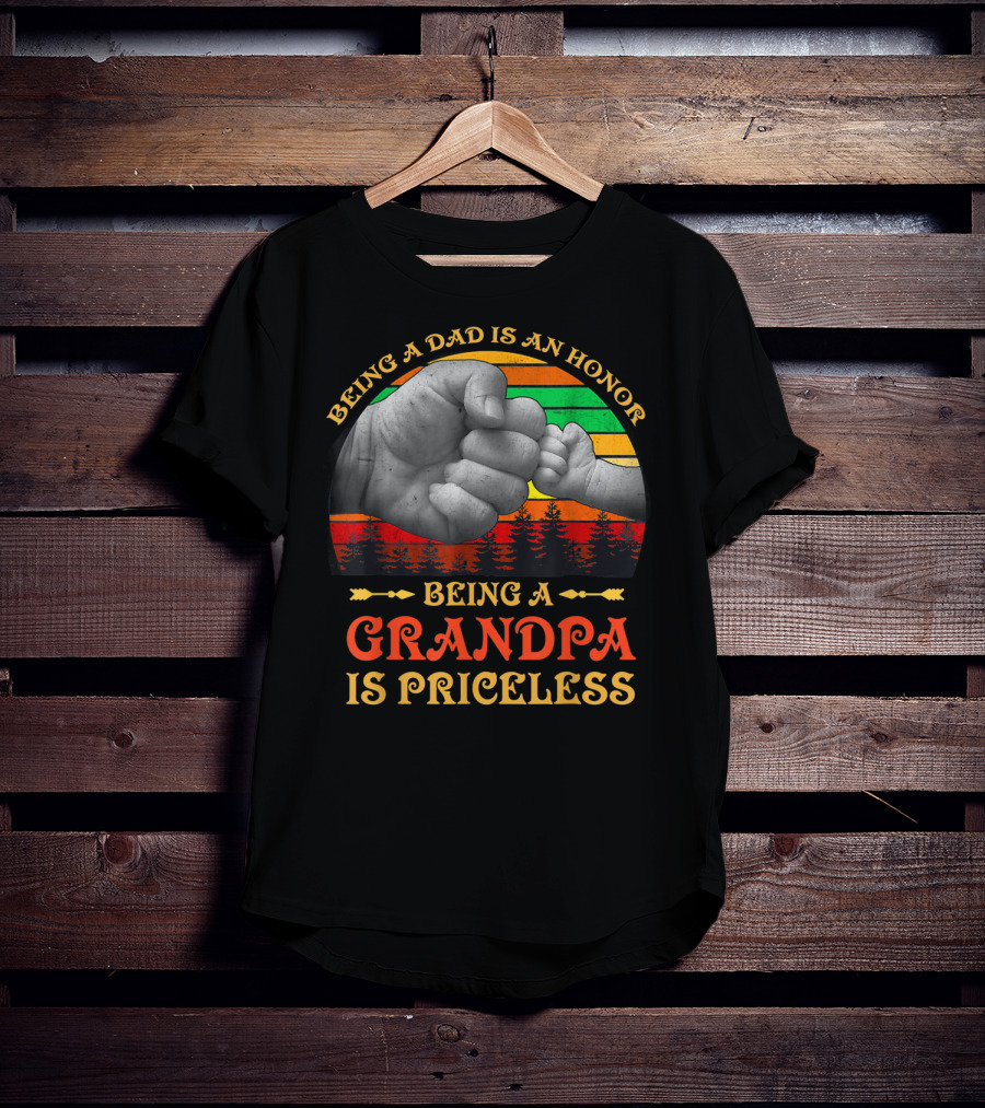 Being A Dad Is An Honor Being A Grandpa Is Priceless Fist Bump Retro Sunset T-Shirt