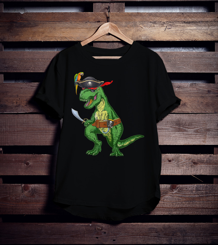 Boys Kids Dinosaur T-Rex Pirate With Parrot And Sword T-Shirt