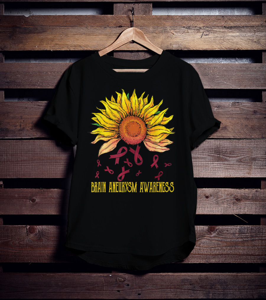 Brain Aneurysm Awareness Sunflower With Yellow Sunflower And Red Ribbons T-Shirt