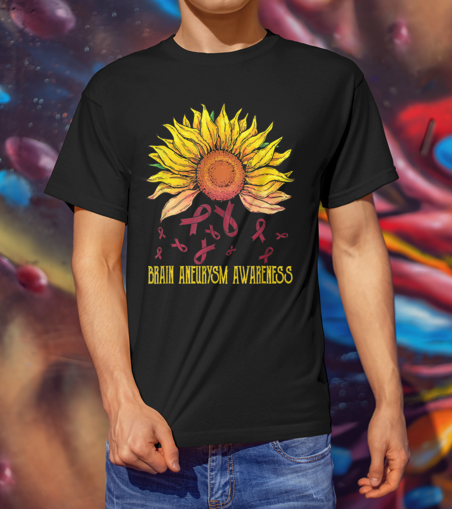 Brain Aneurysm Awareness Sunflower With Yellow Sunflower And Red Ribbons T-Shirt