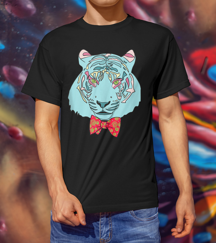 Colorful Tiger Head With Spiraled Bow Tie T-Shirt