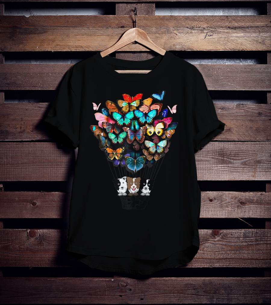 Cute Border Collie Dogs In Hot Air Balloon With Colorful Butterflies T-Shirt
