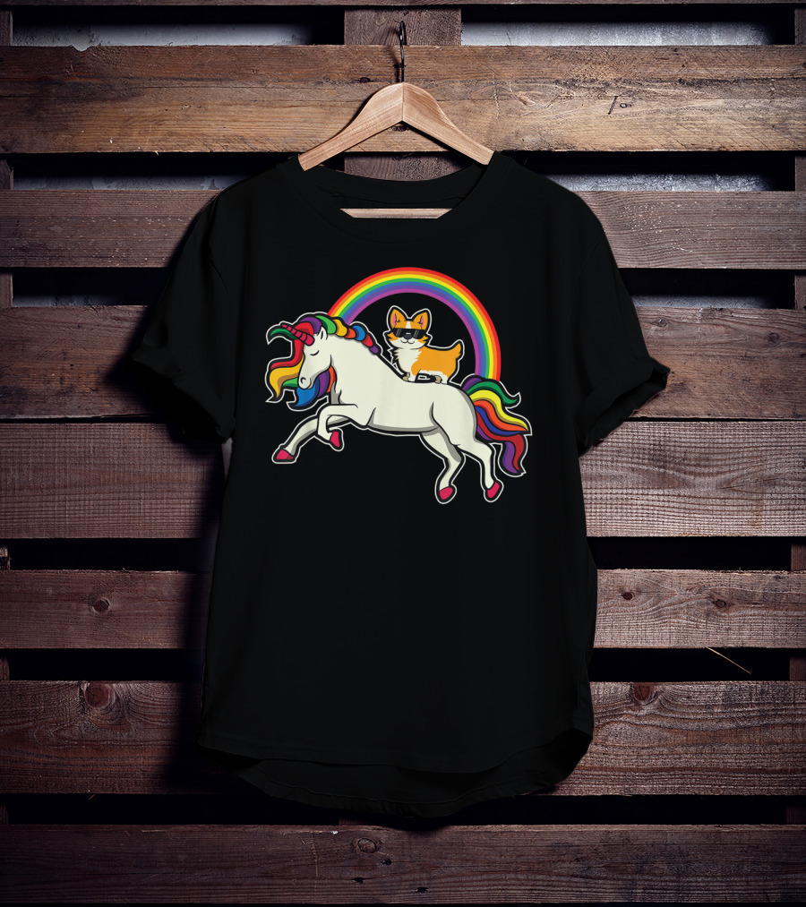 Funny Corgi Riding Rainbow Unicorn Puppy For Dog Lovers T-Shirt
