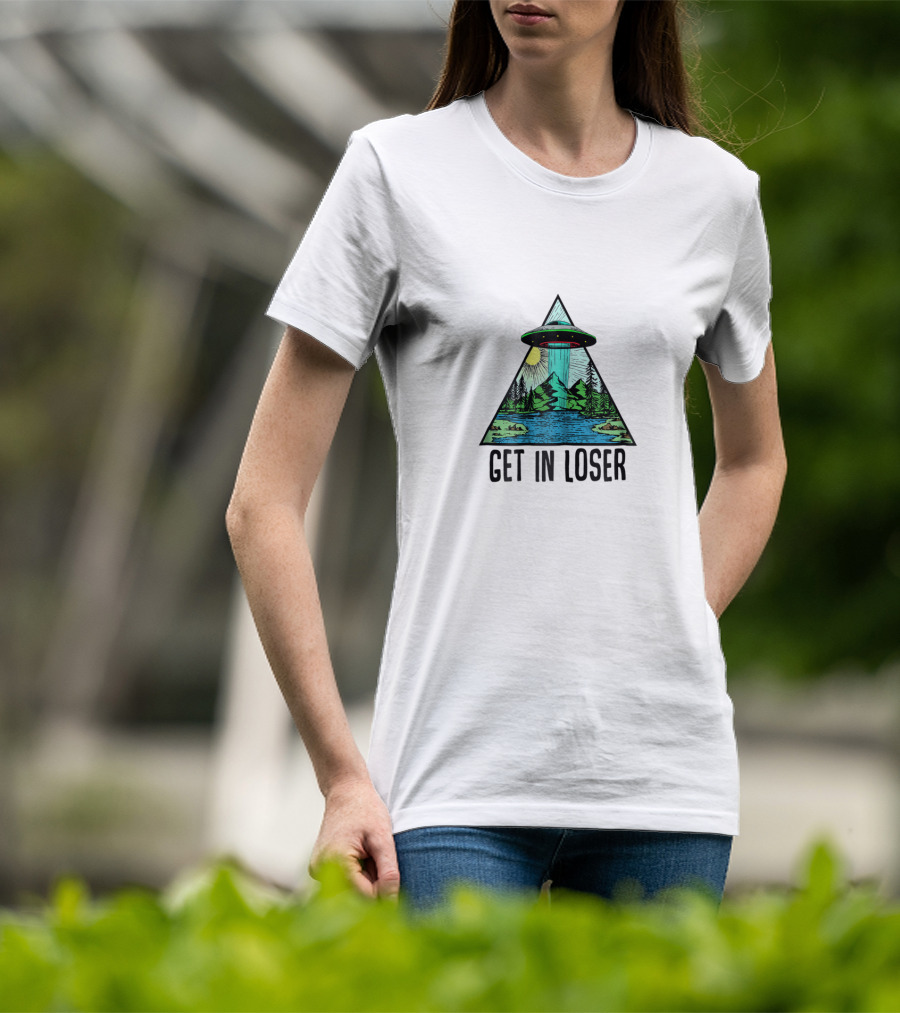 Get In Loser UFO Abduction Triangle With Forest And Lake Scene T-Shirt