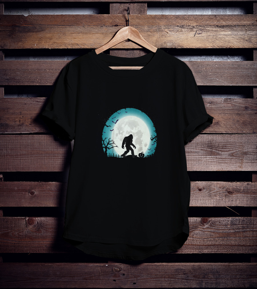 Halloween Bigfoot Silhouette With Full Moon And Bats Scene T-Shirt