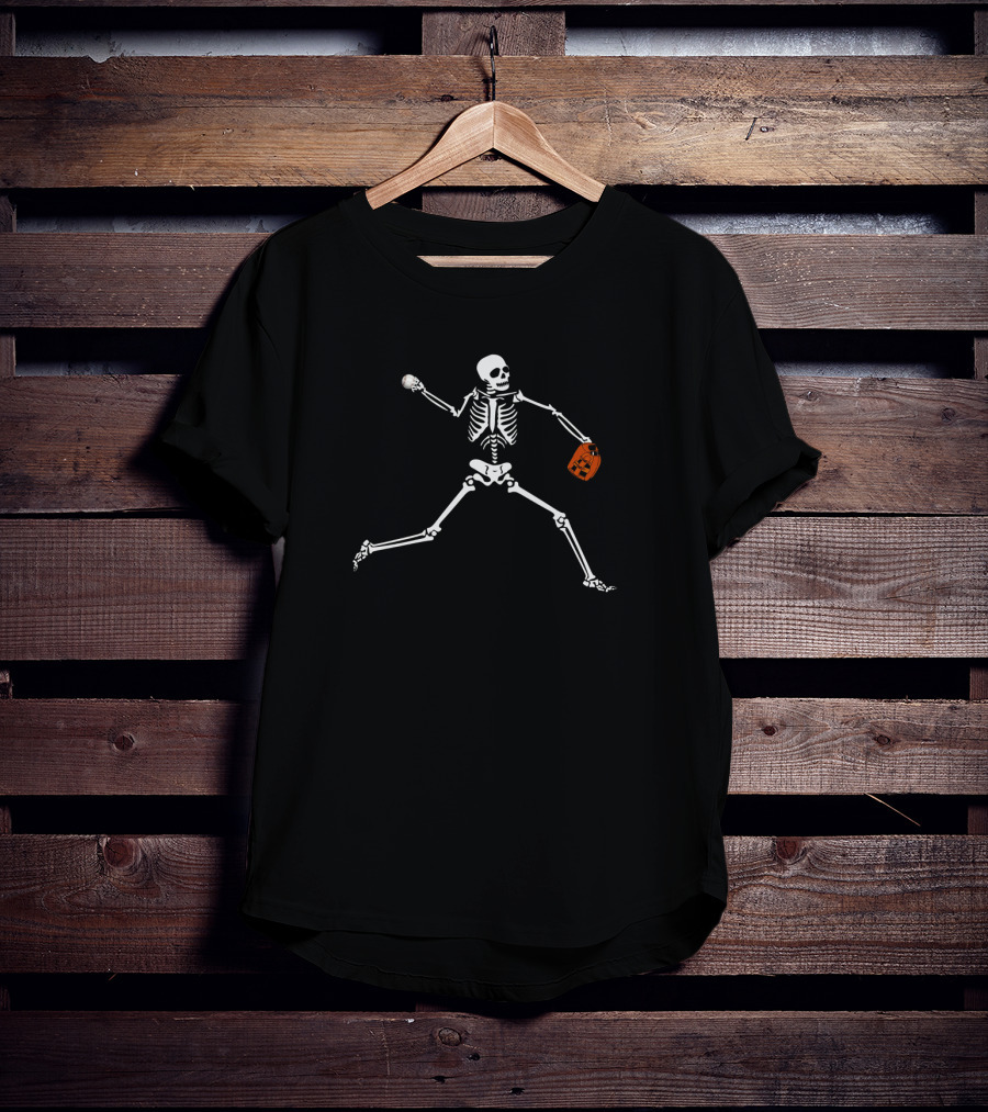 Skeleton Pitcher Halloween Baseball Player With Pumpkin Candy Bag T-Shirt
