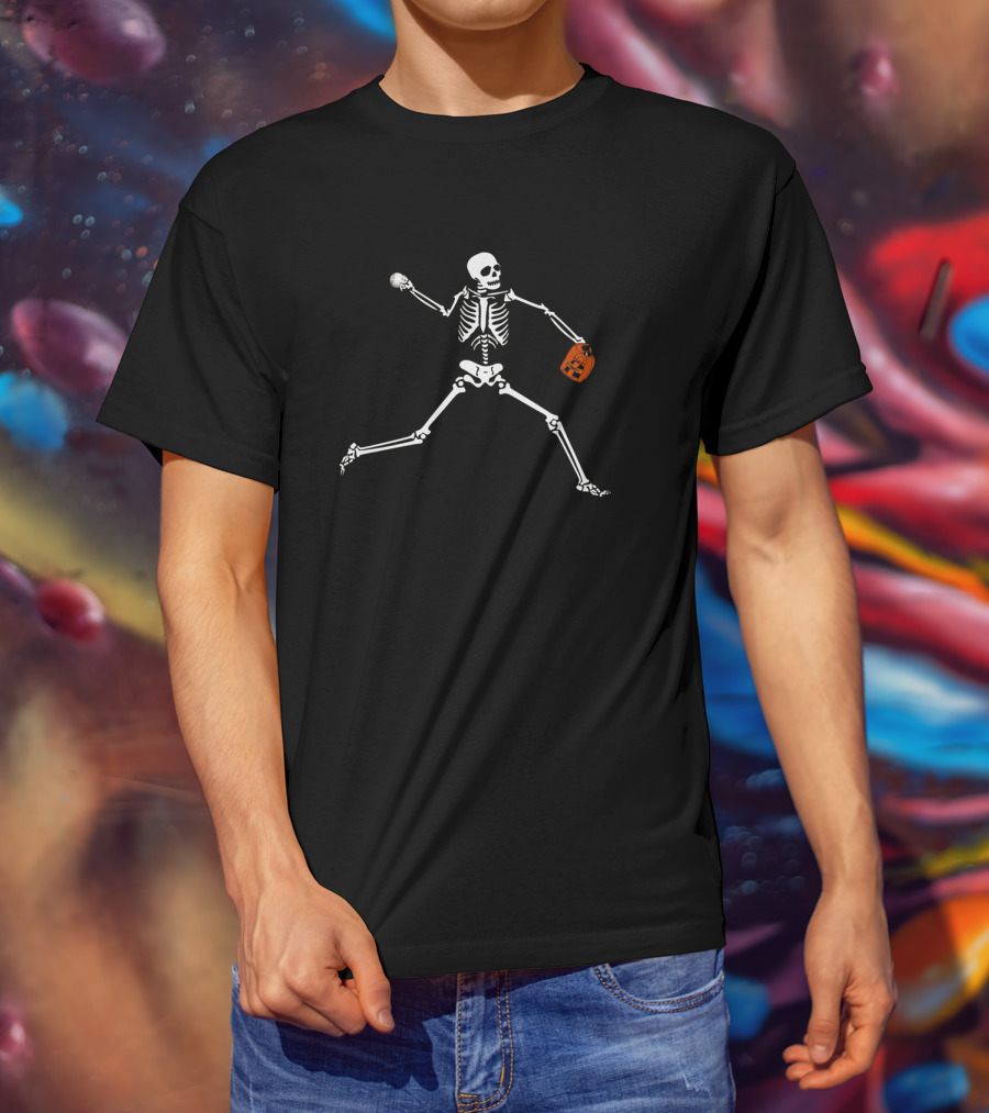 Skeleton Pitcher Halloween Baseball Player With Pumpkin Candy Bag T-Shirt