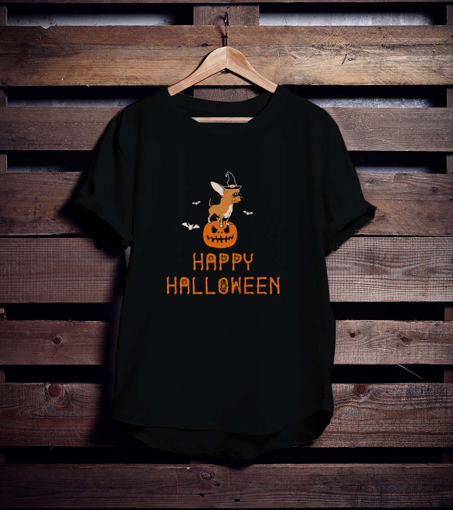 Chihuahua Dog On Pumpkin With Witch Hat And Bats Happy Halloween T-Shirt