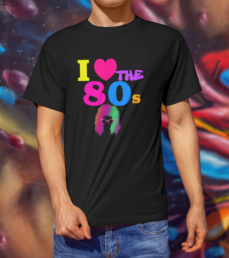 I Love The 80s Neon Heart With Punk Rocker Hair And Sunglasses T-Shirt