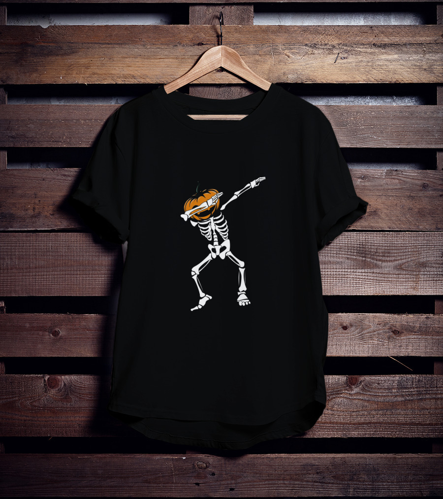 Funny Halloween Dabbing Skeleton With Pumpkin Head Dab T-Shirt
