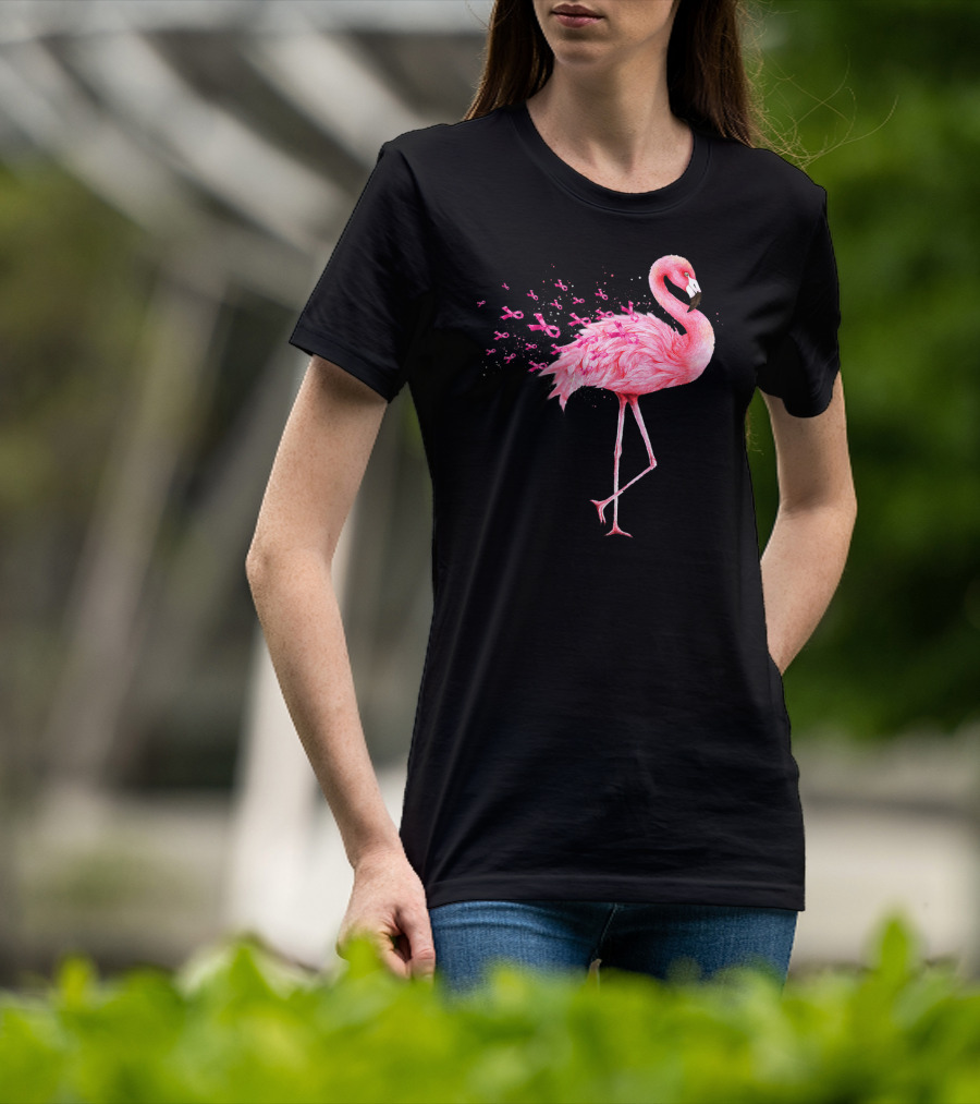 Cute Flamingo Breast Cancer Awareness Pink Ribbon T-Shirt