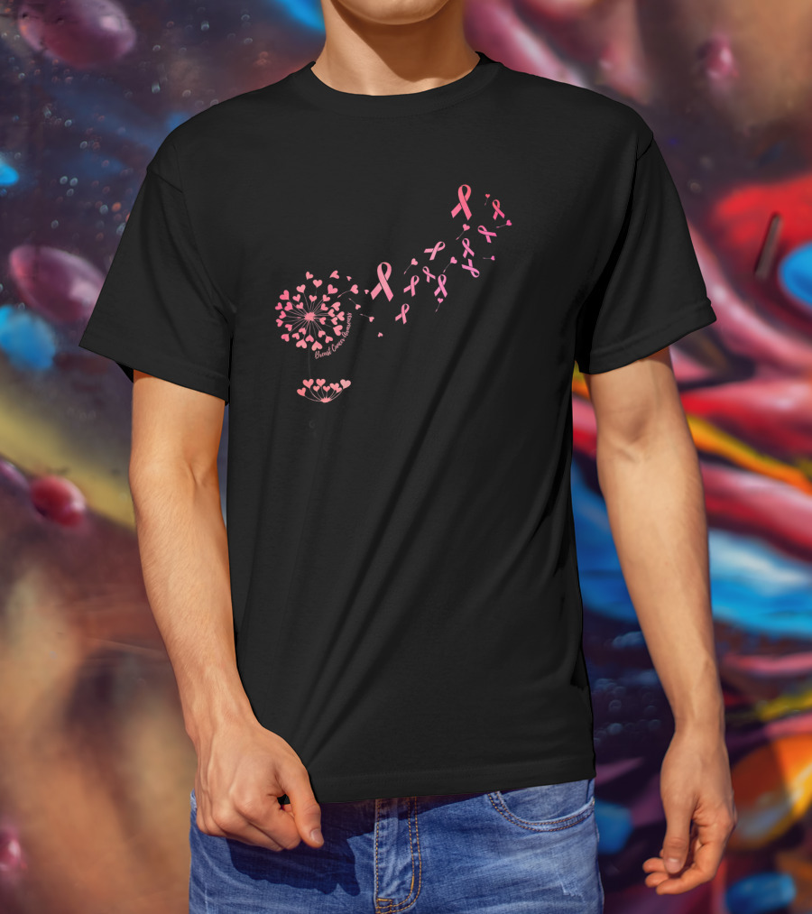 Flower Heart Dandelion Breast Cancer Awareness Ribbons T-Shirt