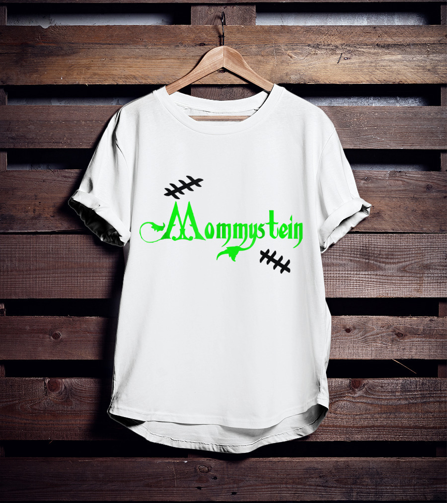 Mommystein Frankenstein Inspired Green And Black Stitched Text T-Shirt