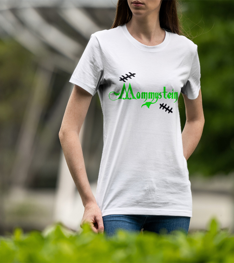Mommystein Frankenstein Inspired Green And Black Stitched Text T-Shirt