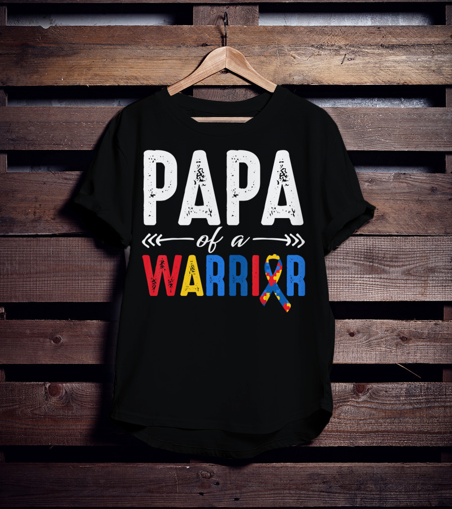 Papa Of A Warrior Autism Awareness Grandpa Colorful Puzzle T-Shirt