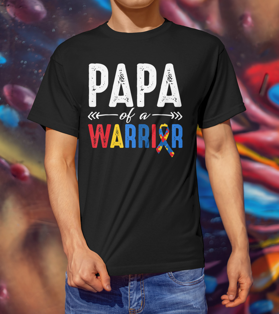 Papa Of A Warrior Autism Awareness Grandpa Colorful Puzzle T-Shirt