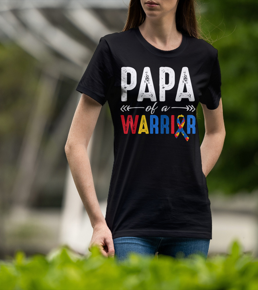 Papa Of A Warrior Autism Awareness Grandpa Colorful Puzzle T-Shirt