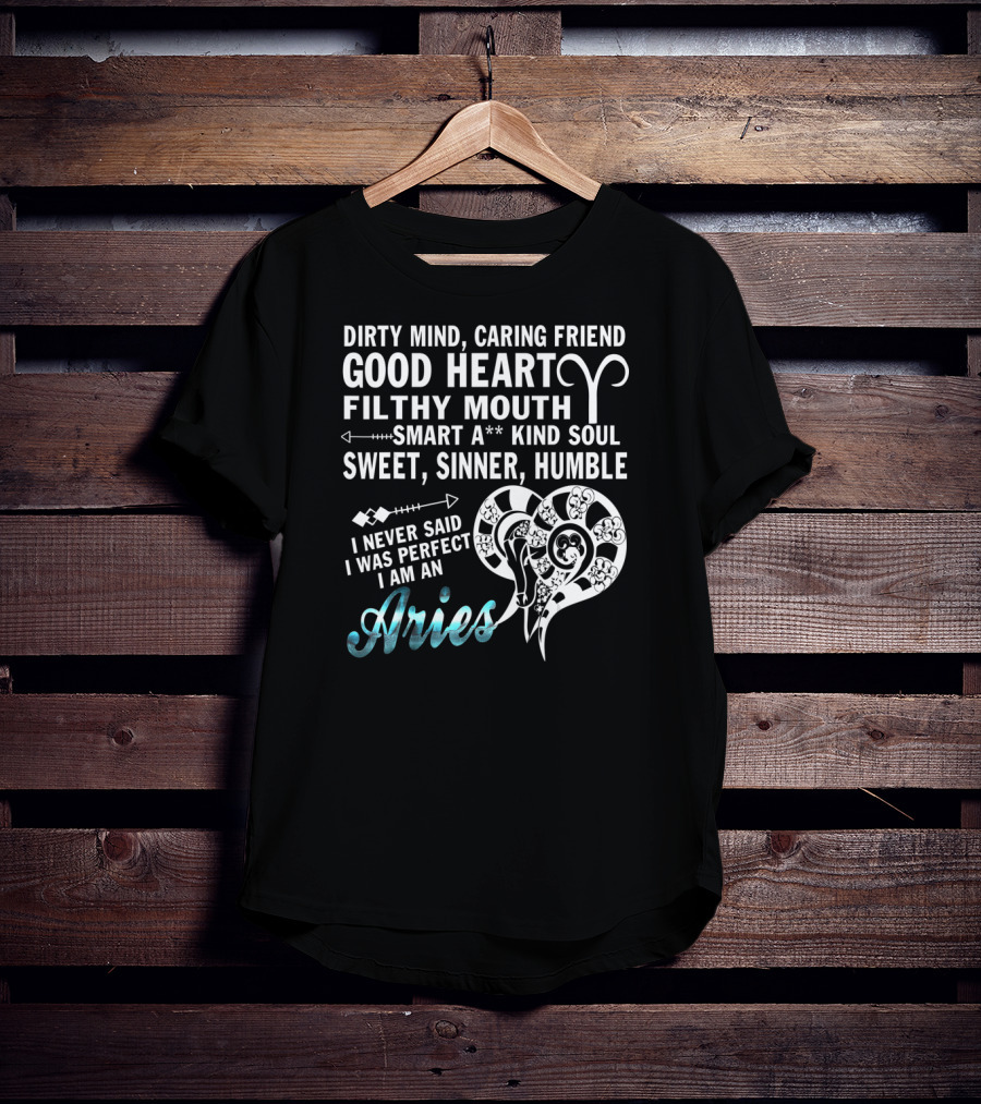 Dirty Mind Caring Friend Good Heart Filthy Mouth Smart Kind Soul Sweet Sinner Humble I Never Said I Was Perfect I Am An Aries T-Shirt