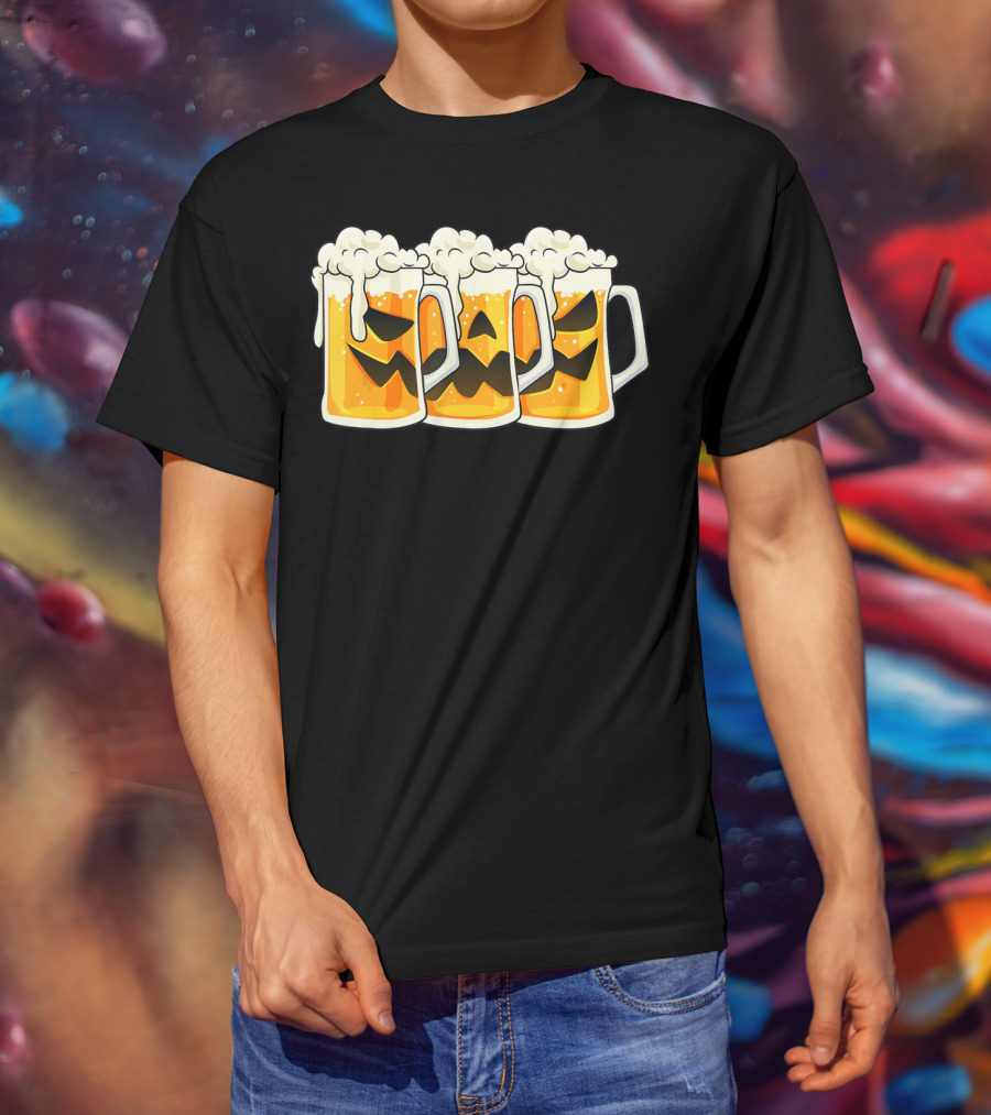 Halloween Jack O Lantern Beer Mug Faces T-Shirt