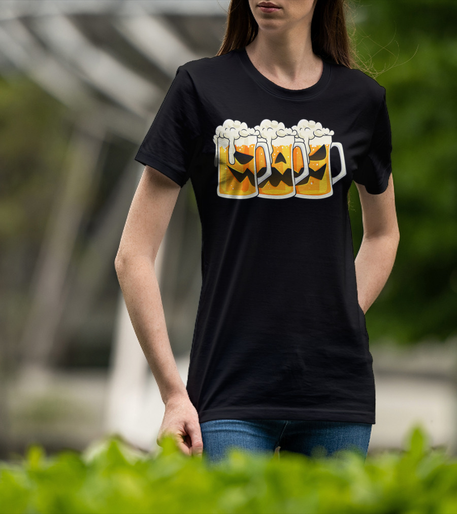 Halloween Jack O Lantern Beer Mug Faces T-Shirt