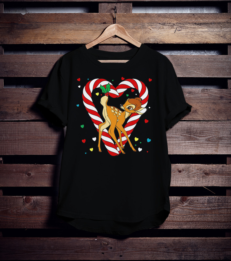 Disney Bambi Candy Cane Heart With Colorful Hearts T-Shirt
