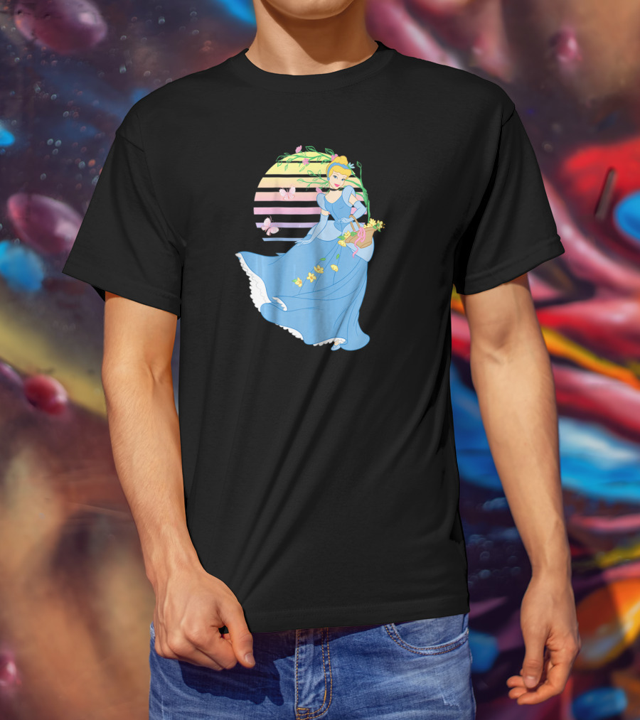 Cinderella Blue Dress Butterfly And Flower Stripe T-Shirt