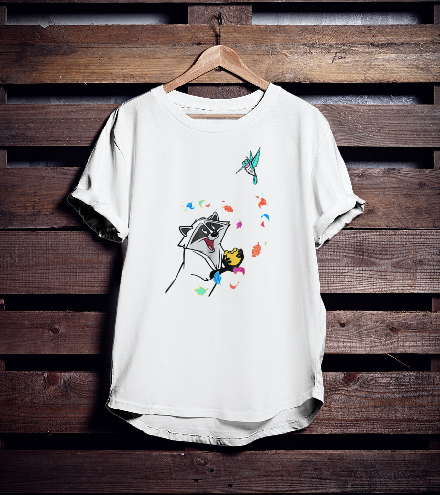Disney Pocahontas Meeko Flit Colorful Leaves Fall Playful Autumn Scene T-Shirt