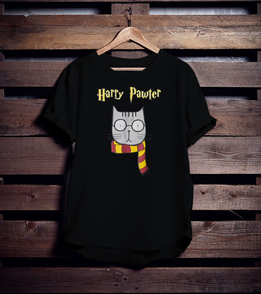 Harry Pawter Magic Cat With Glasses And Gryffindor Scarf T-Shirt