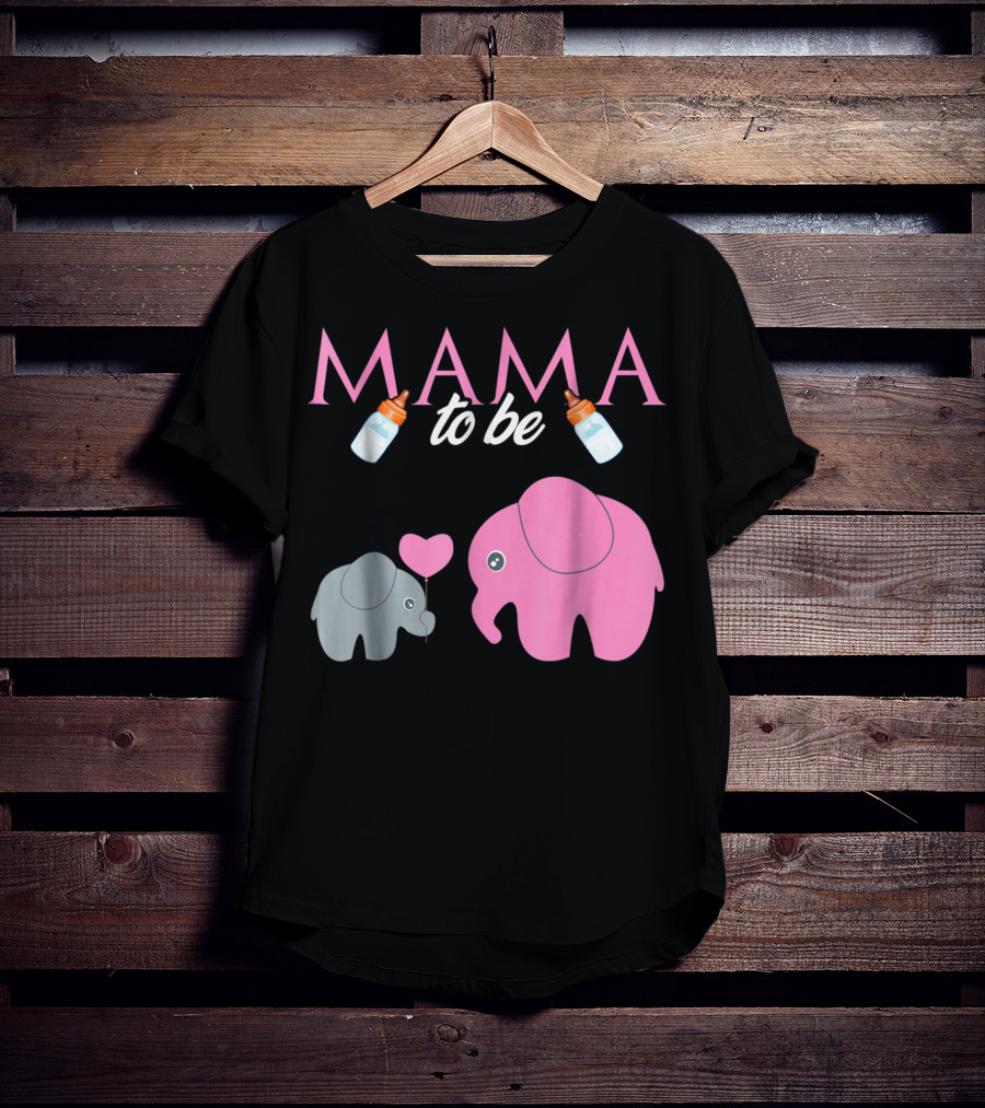 Mama To Be Pink Elephant Baby Shower With Milk Bottles And Heart Balloon T-Shirt