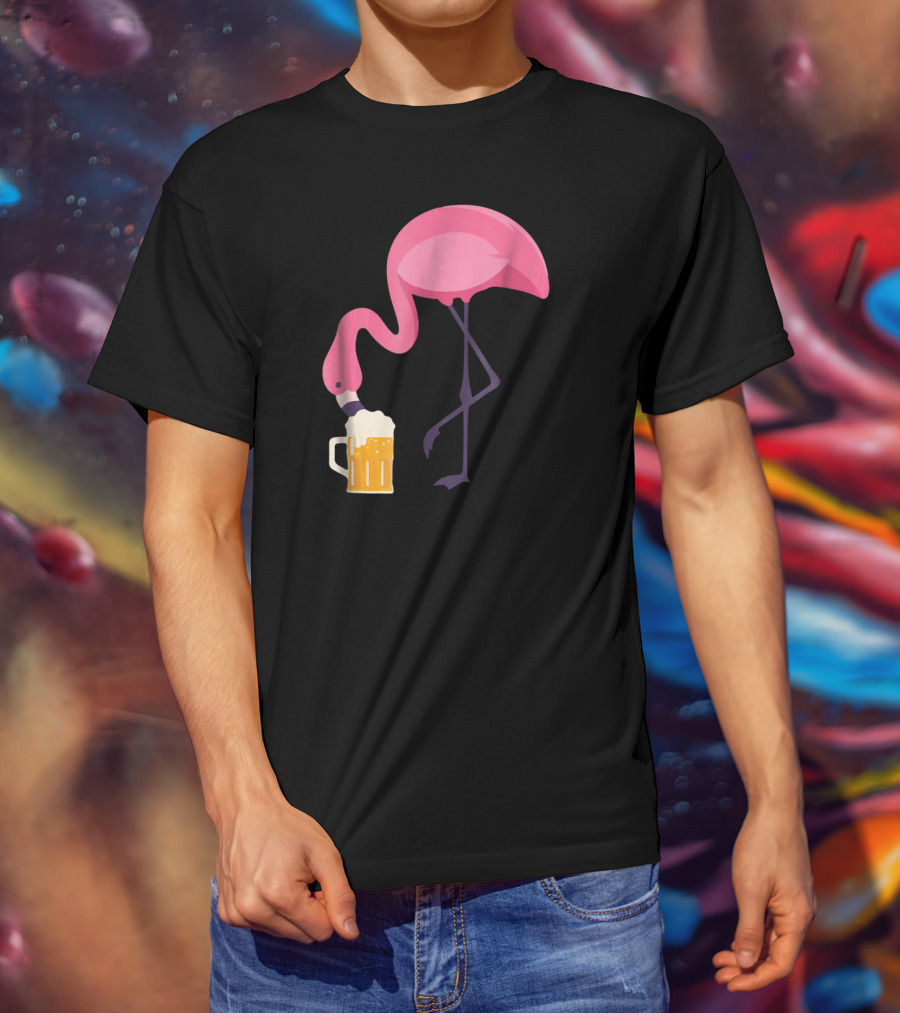 Flamingo Drinking Beer Concept With Pink Bird And Pint Glass T-Shirt