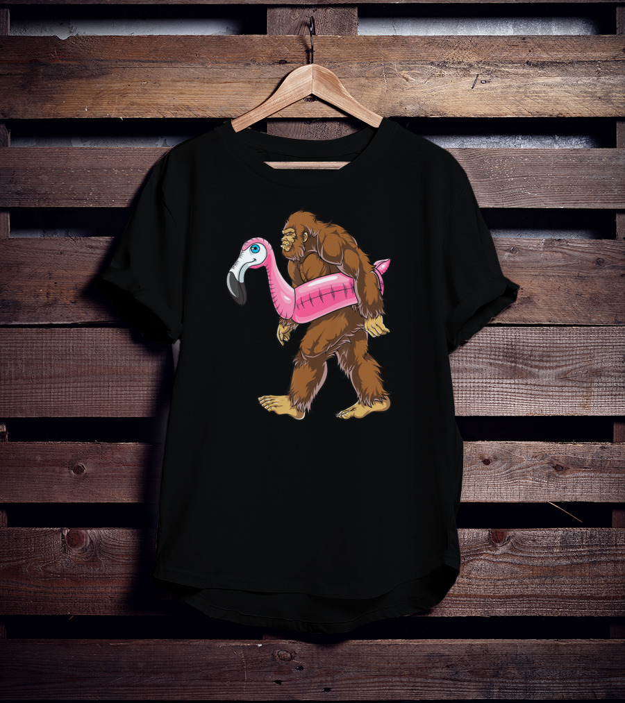 Pool Party Bigfoot Pink Flamingo Sasquatch Float T-Shirt