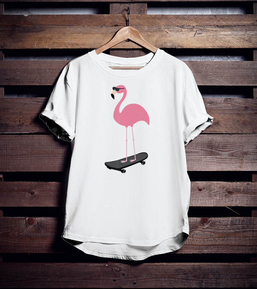 Cool Pink Flamingo Skateboard Sunglasses Bird Pun T-Shirt