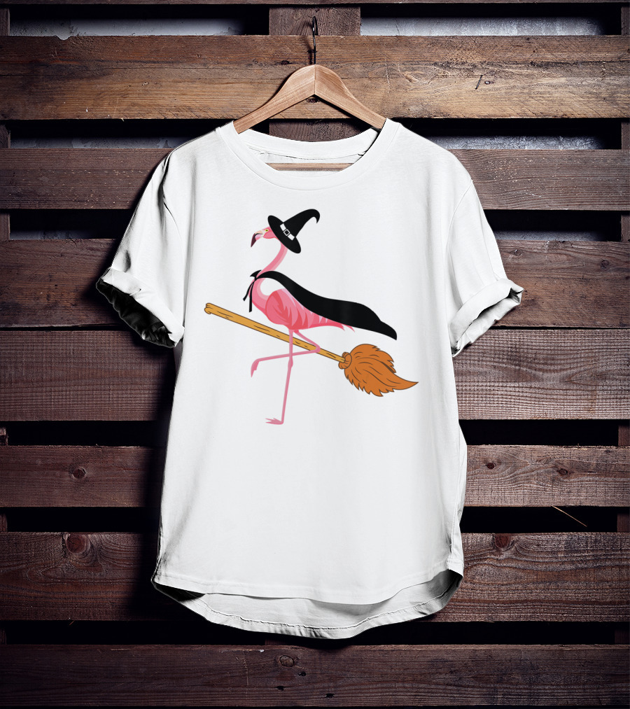 Funny Flamingo Witch Riding Broomstick T-Shirt