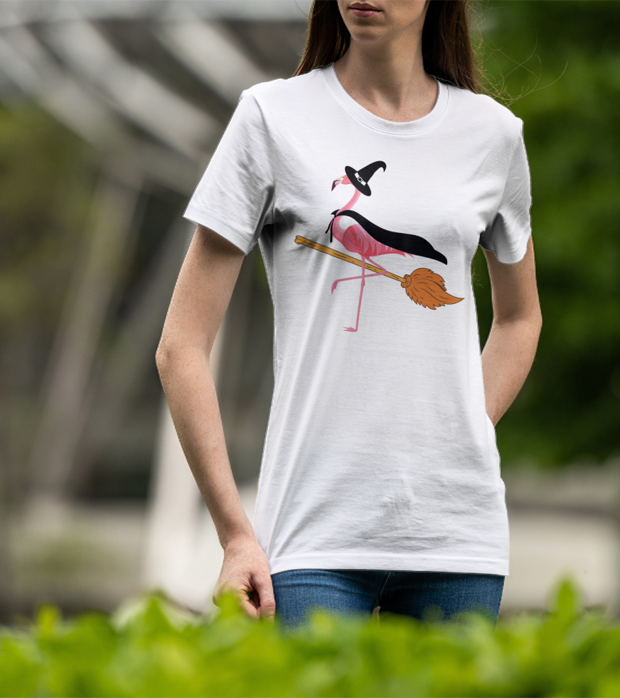 Funny Flamingo Witch Riding Broomstick T-Shirt