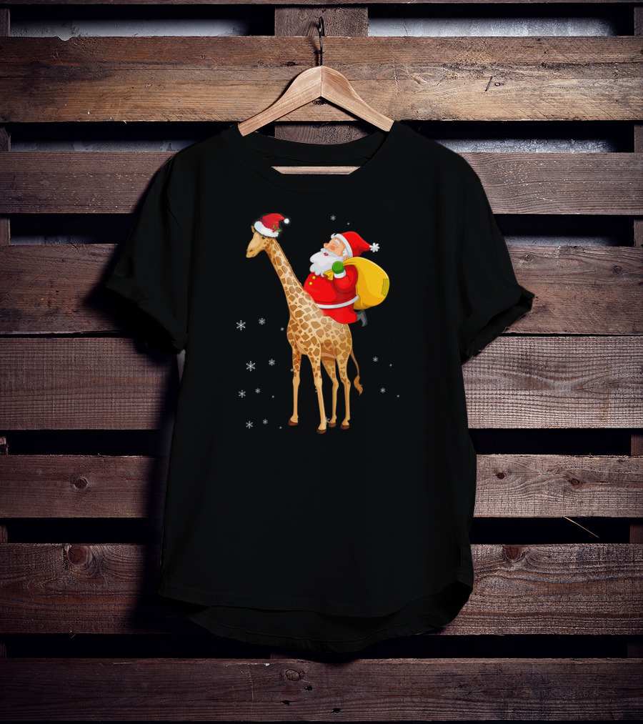 Santa Claus Riding A Giraffe With Snowflakes T-Shirt
