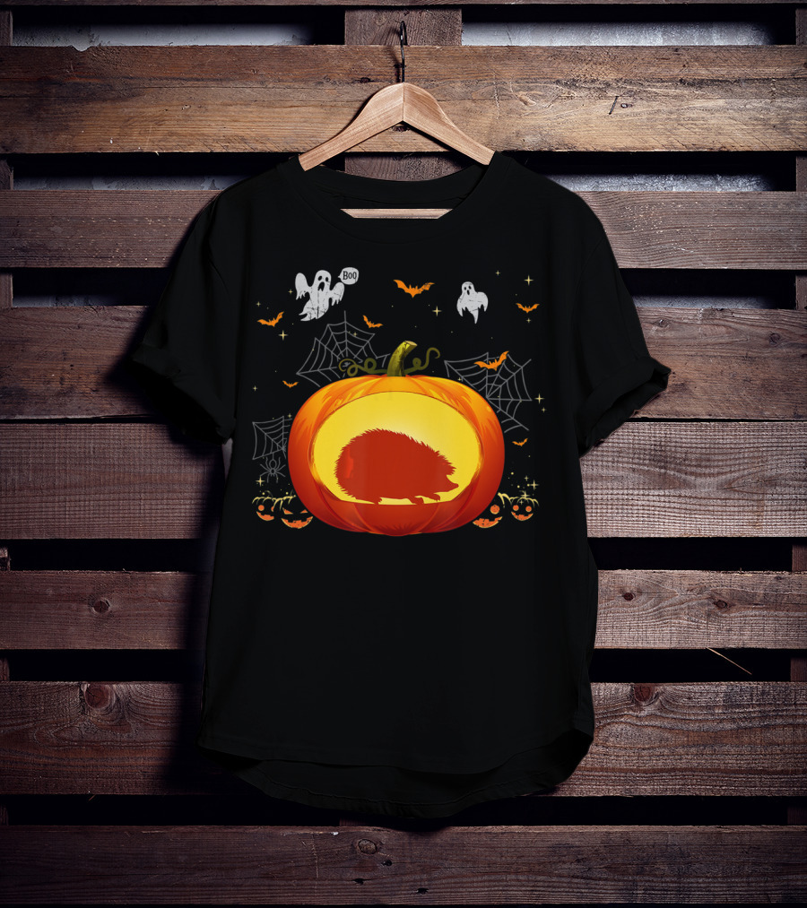 Hedgehog Silhouette In Halloween Pumpkin With Ghosts And Spiderwebs T-Shirt