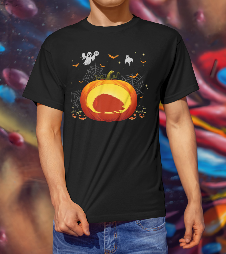 Hedgehog Silhouette In Halloween Pumpkin With Ghosts And Spiderwebs T-Shirt