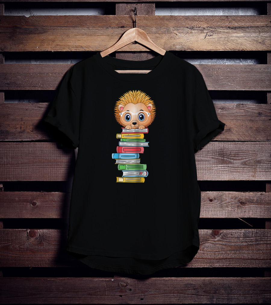 Hedgehog Book Lover With Glasses Hugging Colorful Book Stack T-Shirt