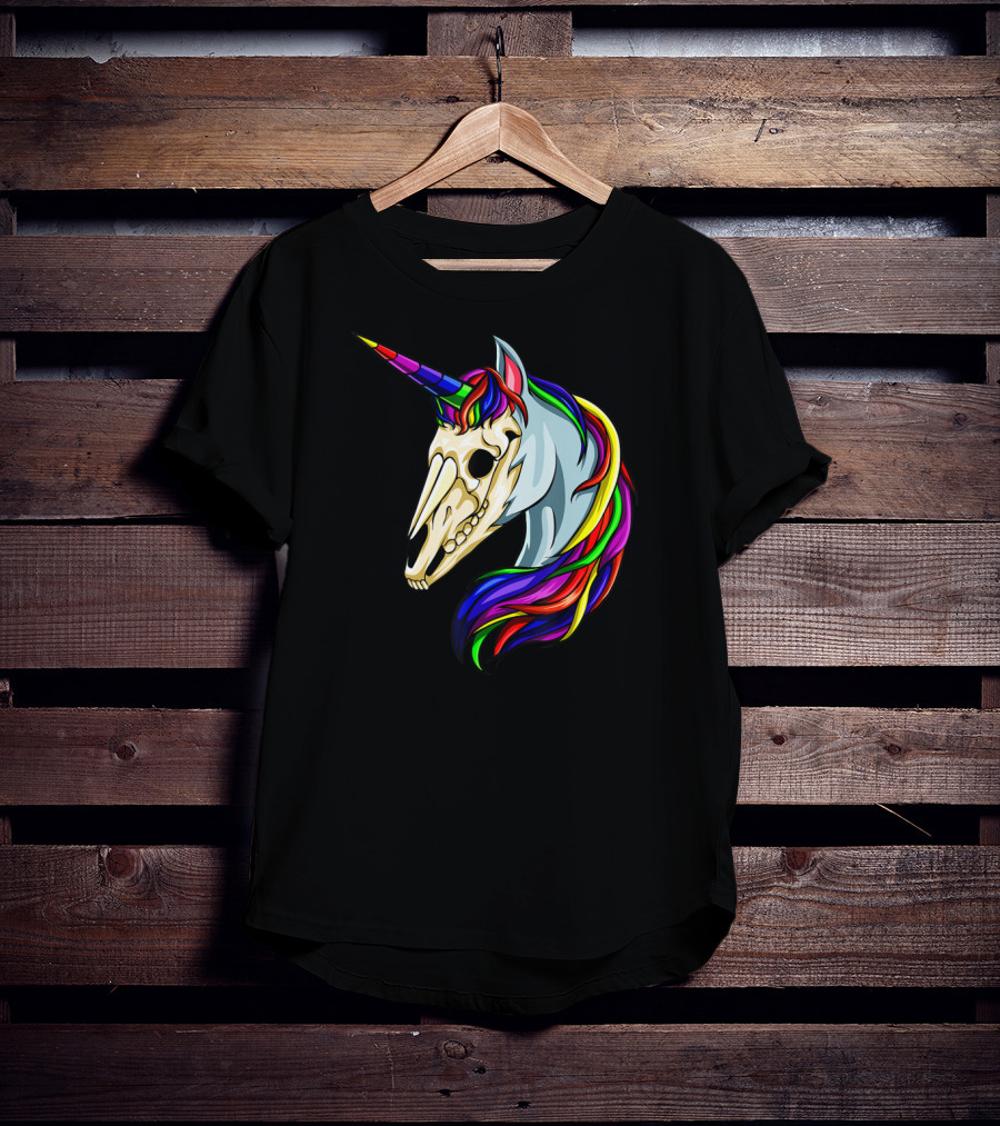Halloween Unicorn Skeleton Horse Rainbow Head With Colorful Mane T-Shirt