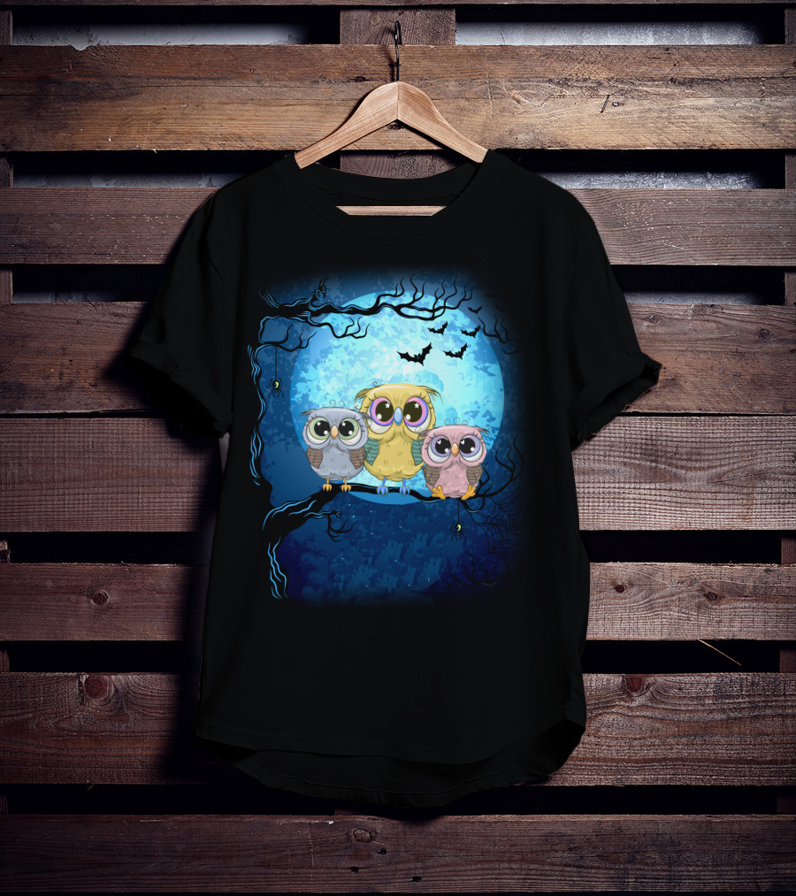 Night Family Owls Under Full Moon With Bats And Spiders T-Shirt